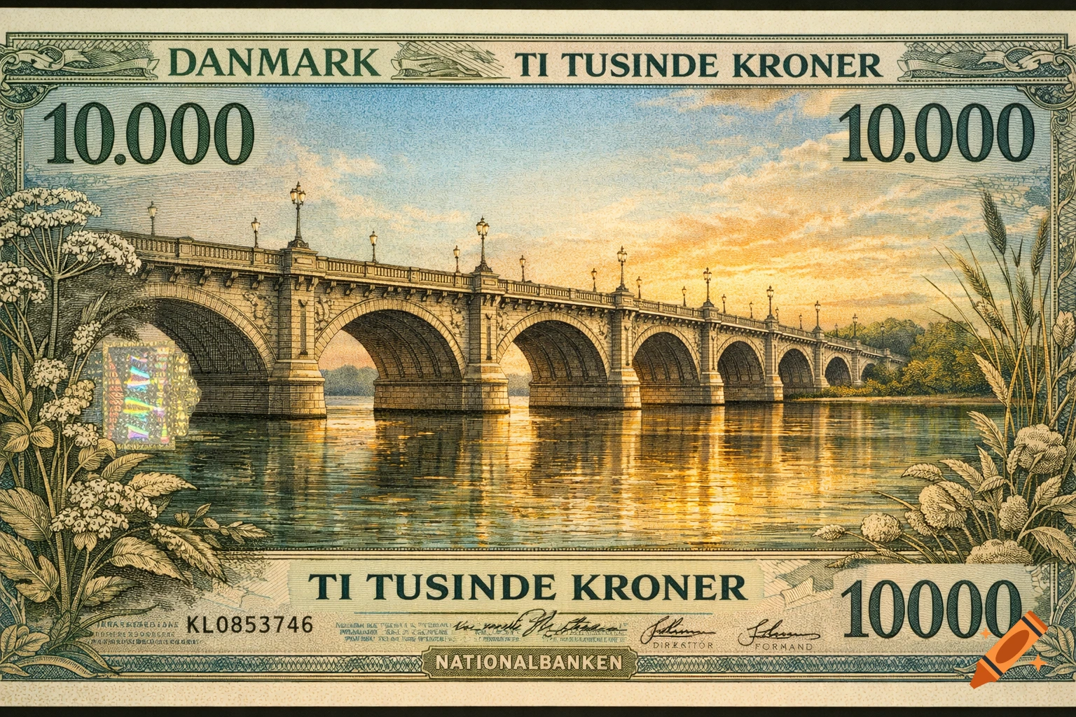 A detailed illustration of a 10,000 Danish kroner banknote, featuring a grand stone arch bridge over a river under a sunset sky, framed by ornate floral designs.