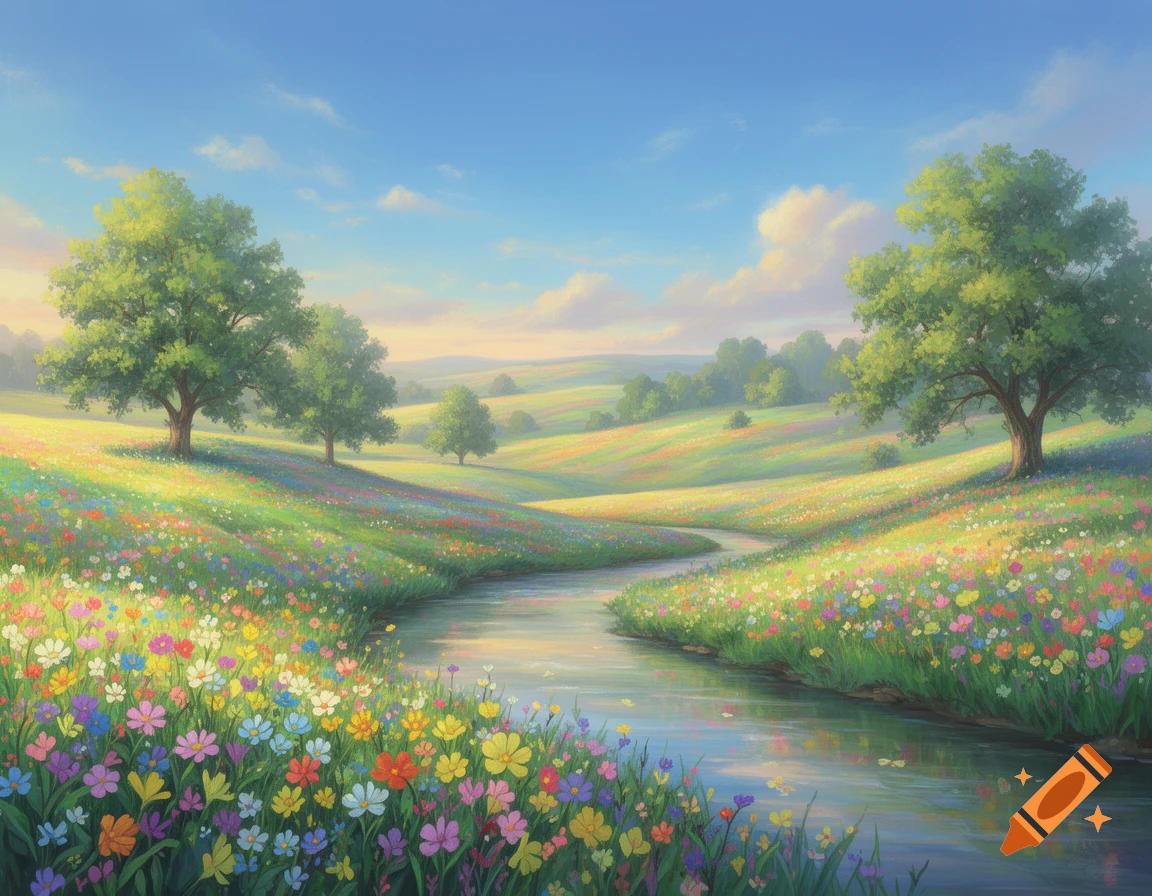 Vibrant idyllic landscape with a winding river, rolling hills, lush trees, and colorful wildflowers under a blue sky.