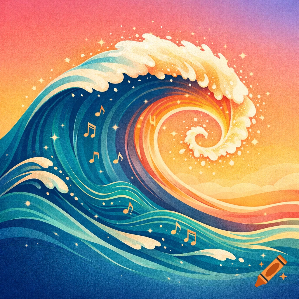 A stylized ocean wave with a spiraling crest, featuring musical note motifs and sparkles against a vibrant sunset gradient background.