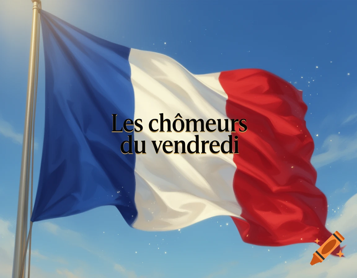 A French flag waving against a blue sky, with the text "Les chômeurs du vendredi" (The Friday Unemployed) in the center.