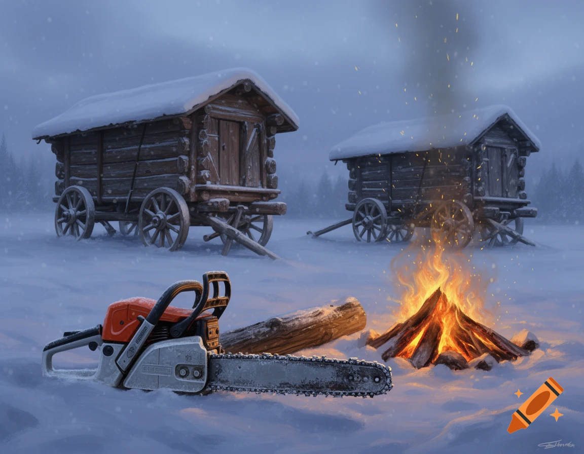 A chainsaw and a burning campfire are in the foreground of a snowy landscape, with two rustic wooden wagons in the background.