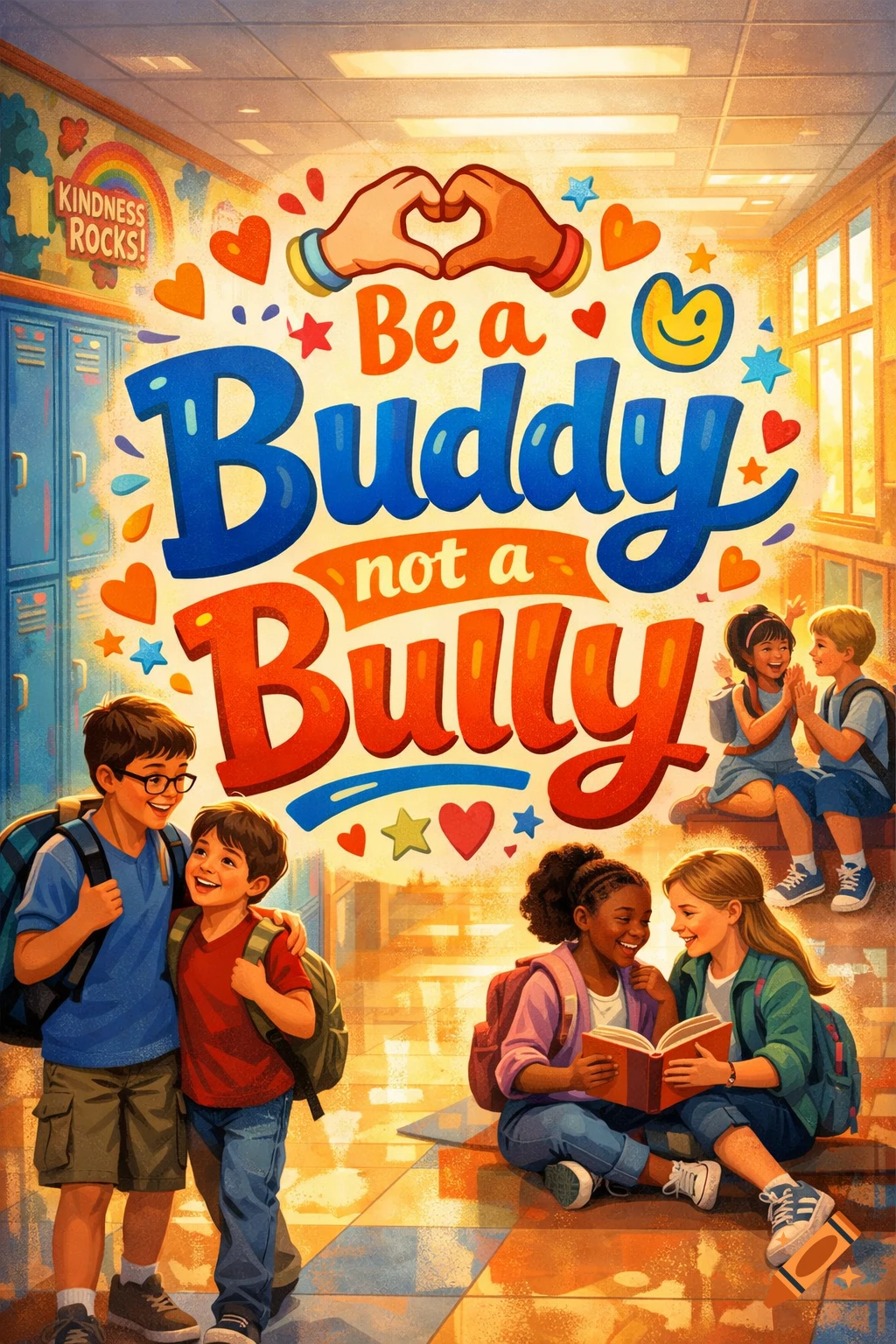 Vibrant illustration of children interacting positively in a school hallway, with the message 'Be a Buddy not a Bully'.