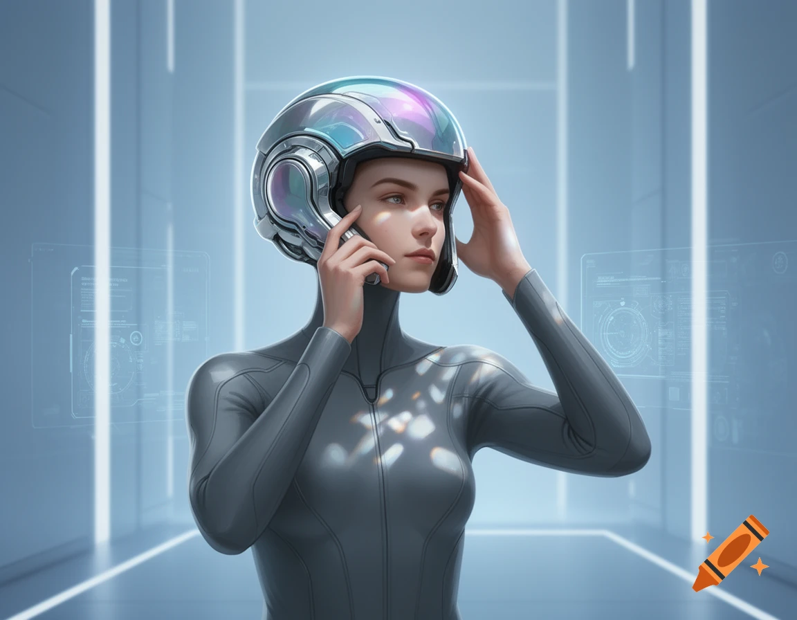 A woman in a futuristic silver helmet and grey suit looks right, surrounded by glowing blue holographic displays in a high-tech setting.