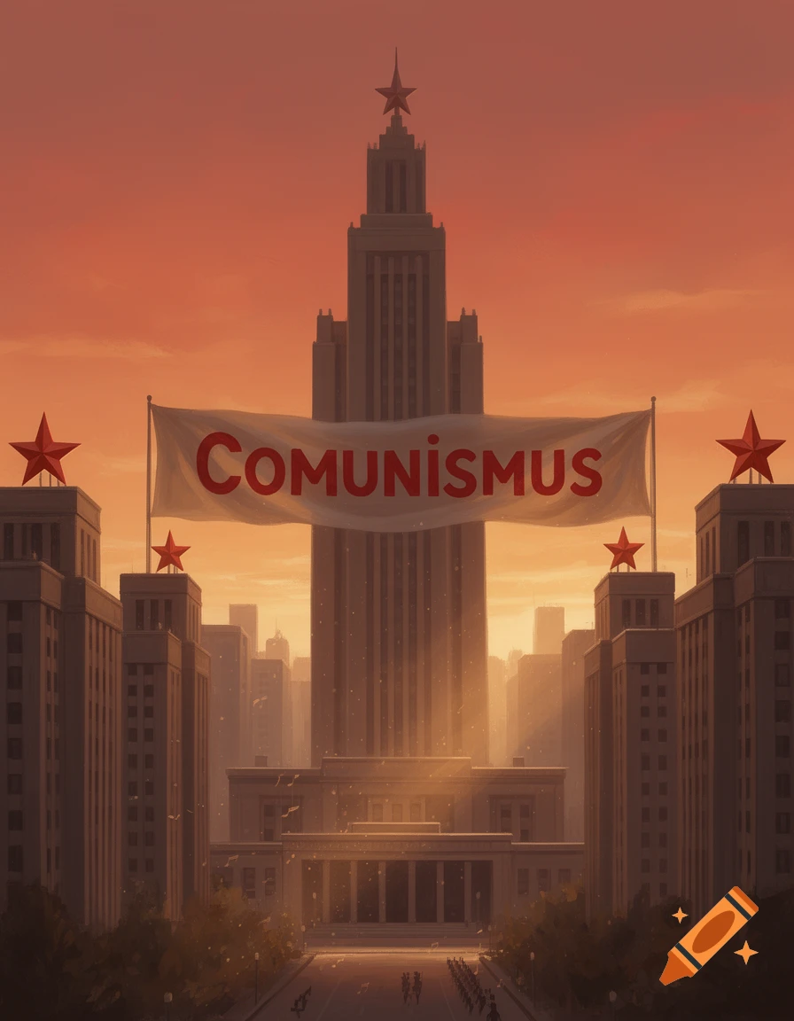 A towering, stylized building with red stars, and a banner displaying "COMUNISMUS" in red letters, set against an orange sunset sky with a cityscape and people below.
