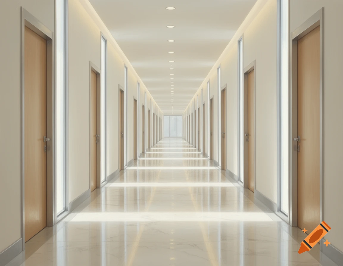 A long, bright, modern corridor with many light wooden doors and a reflective marble floor, receding into the distance.