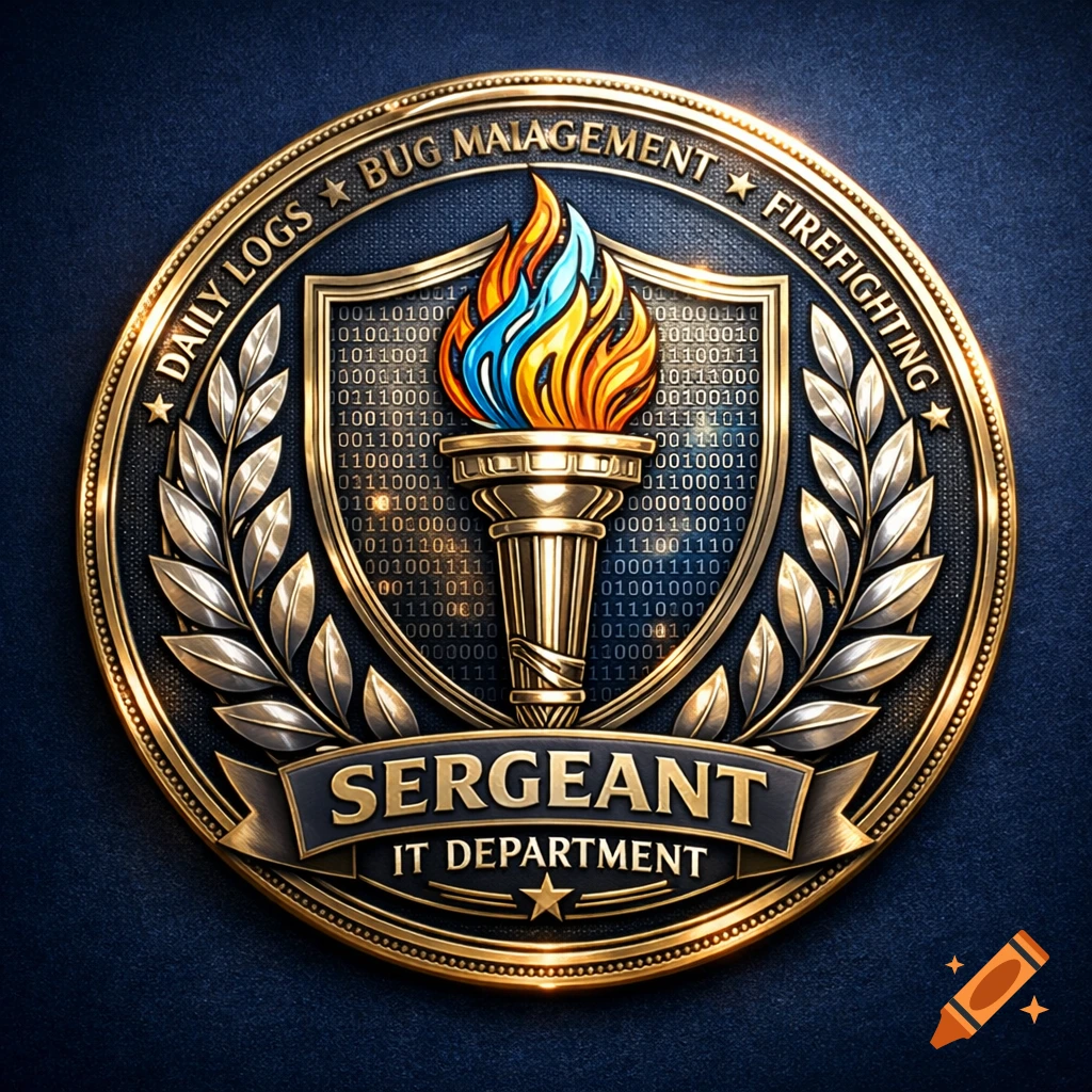 A golden coin-like insignia with a torch, binary code, and text "DAILY LOGS BUG MAIAGEMENT FIREFIGHTING SERGEANT IT DEPARTMENT".