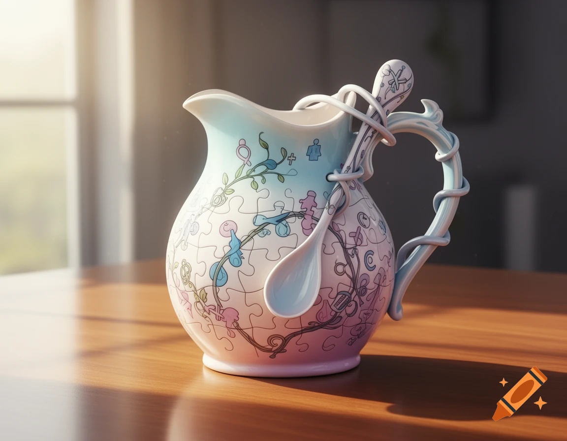 A ceramic puzzle jug with a light blue and pink gradient, decorated with abstract lines and symbols, sits on a wooden table. A spoon with an ornate handle is wrapped around the jug's handle. Sunlight streams from a window in the background.