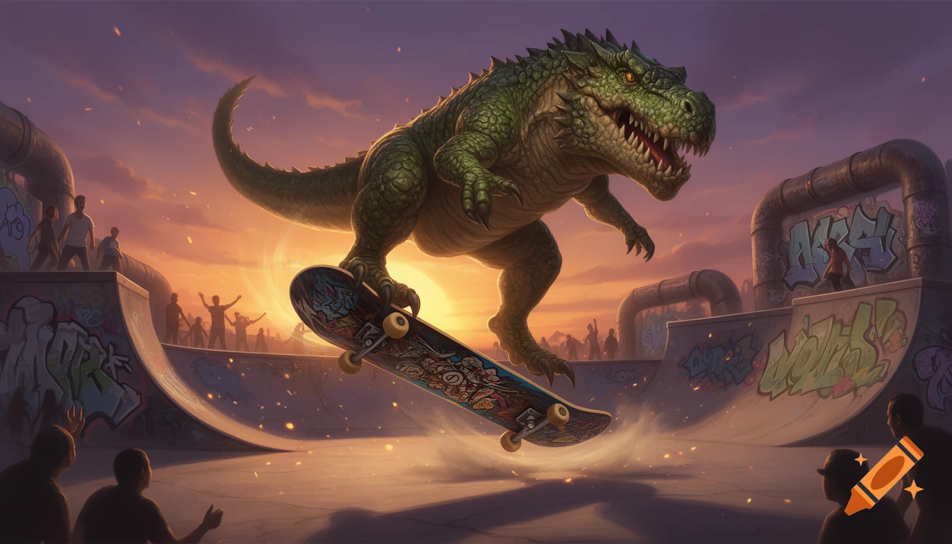 A green, scaly dinosaur performs a kickflip on a skateboard over a skatepark ramp at sunset, with a crowd watching.