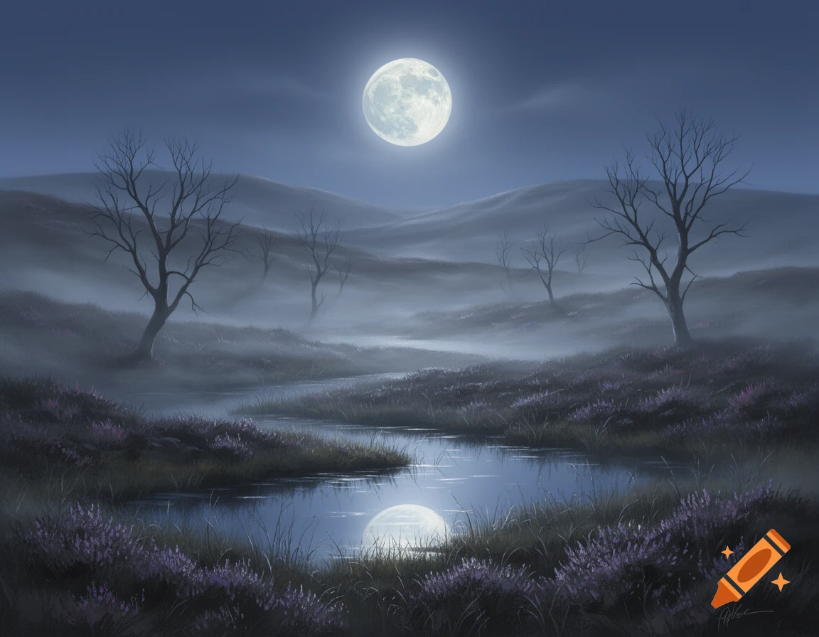 A mystical moonlit moor landscape with bare trees, mist, purple heather, and a pond reflecting the full moon.