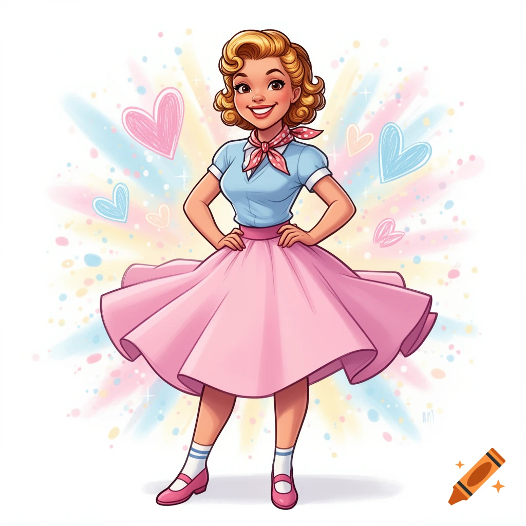 A cheerful blonde woman in a 1950s pink poodle skirt, blue top, and red polka dot scarf, in a colorful cartoon style with hearts and sparkles.