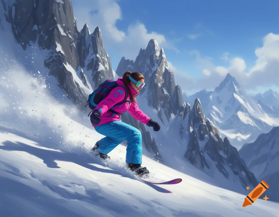 A female skier in a pink jacket and blue pants rapidly descends a snow-covered mountain, kicking up powder, under a bright blue sky.