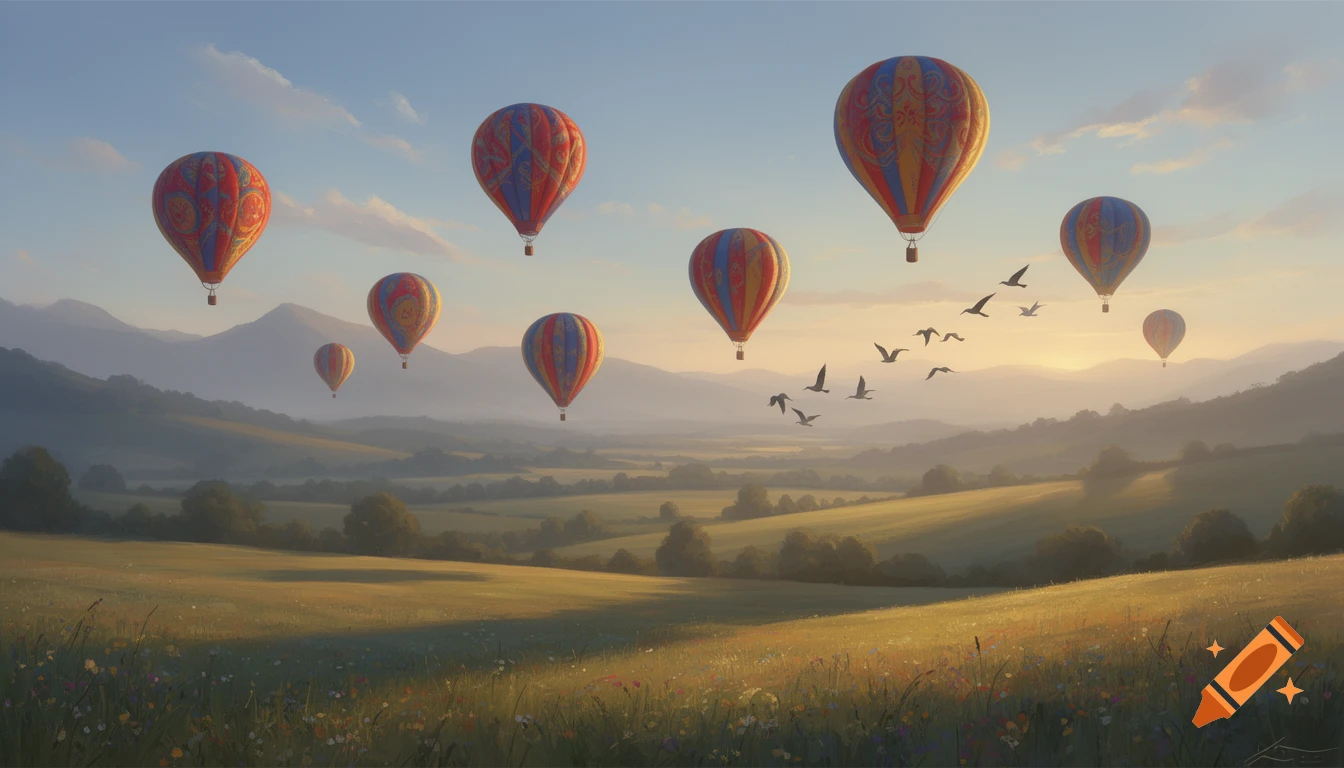 Colorful hot air balloons float over a sunlit, misty green valley with distant mountains and birds.
