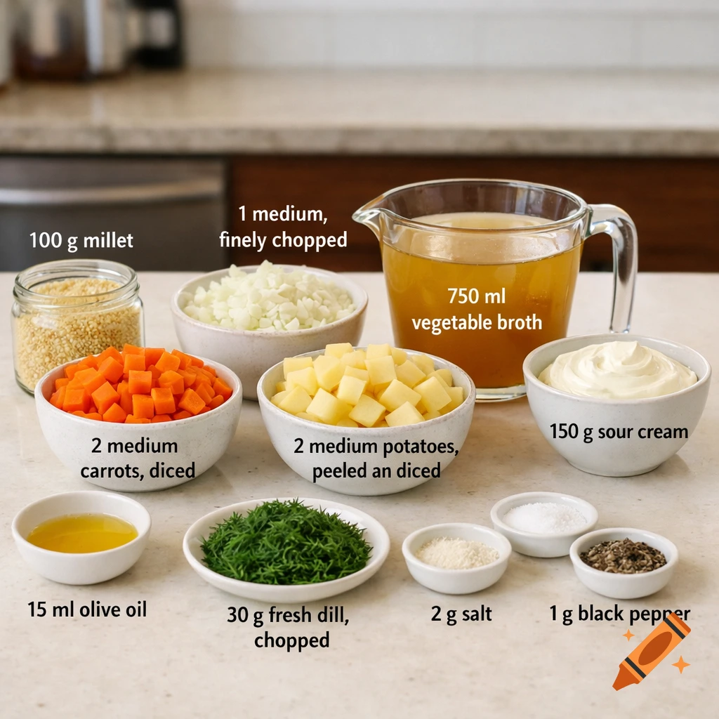 Ingredients for creamy millet and vegetable soup, including millet, carrots, potatoes, broth, and spices, on a kitchen counter with labels.