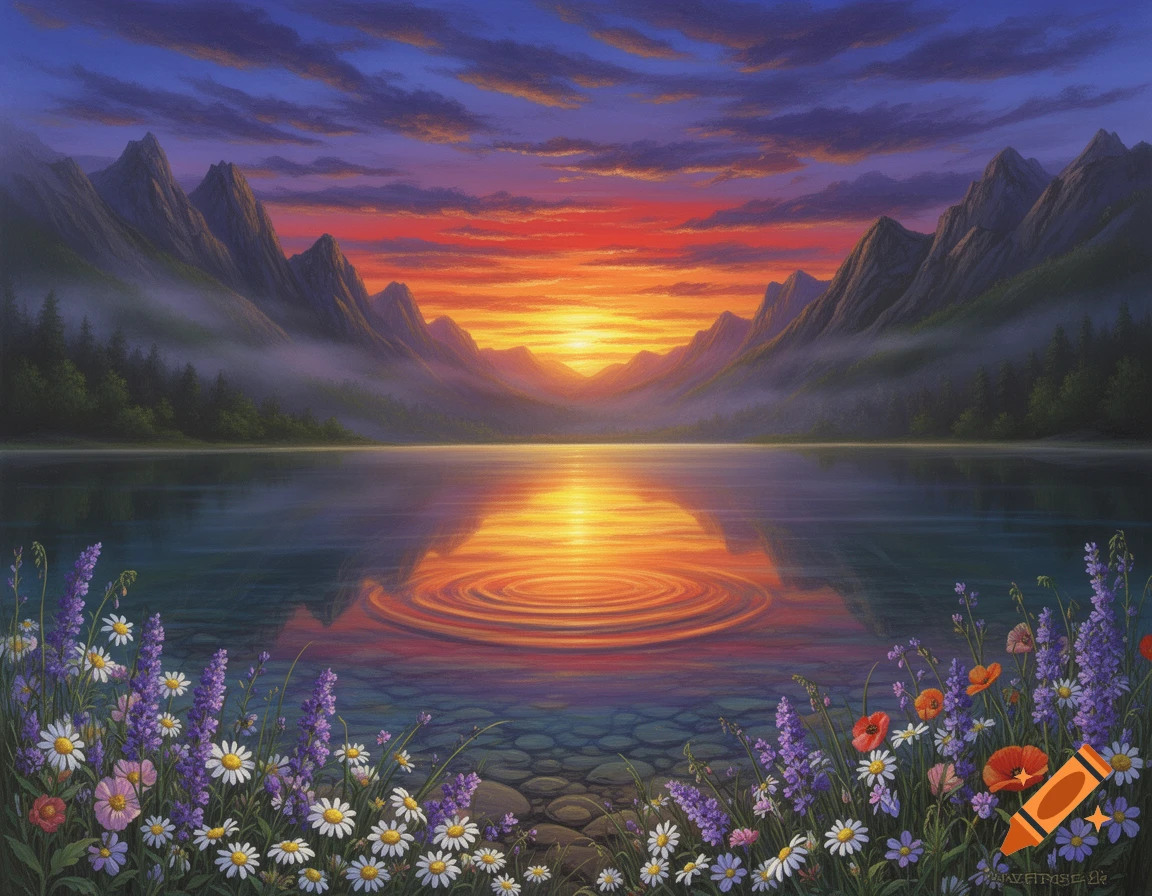 Vibrant painterly sunset over a calm lake reflecting orange and purple ...