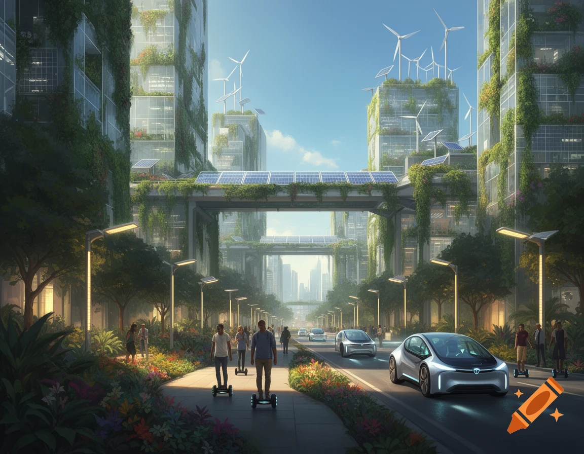 Photorealistic futuristic ecological city with green buildings, solar panels, wind turbines, electric cars, and people on hoverboards.