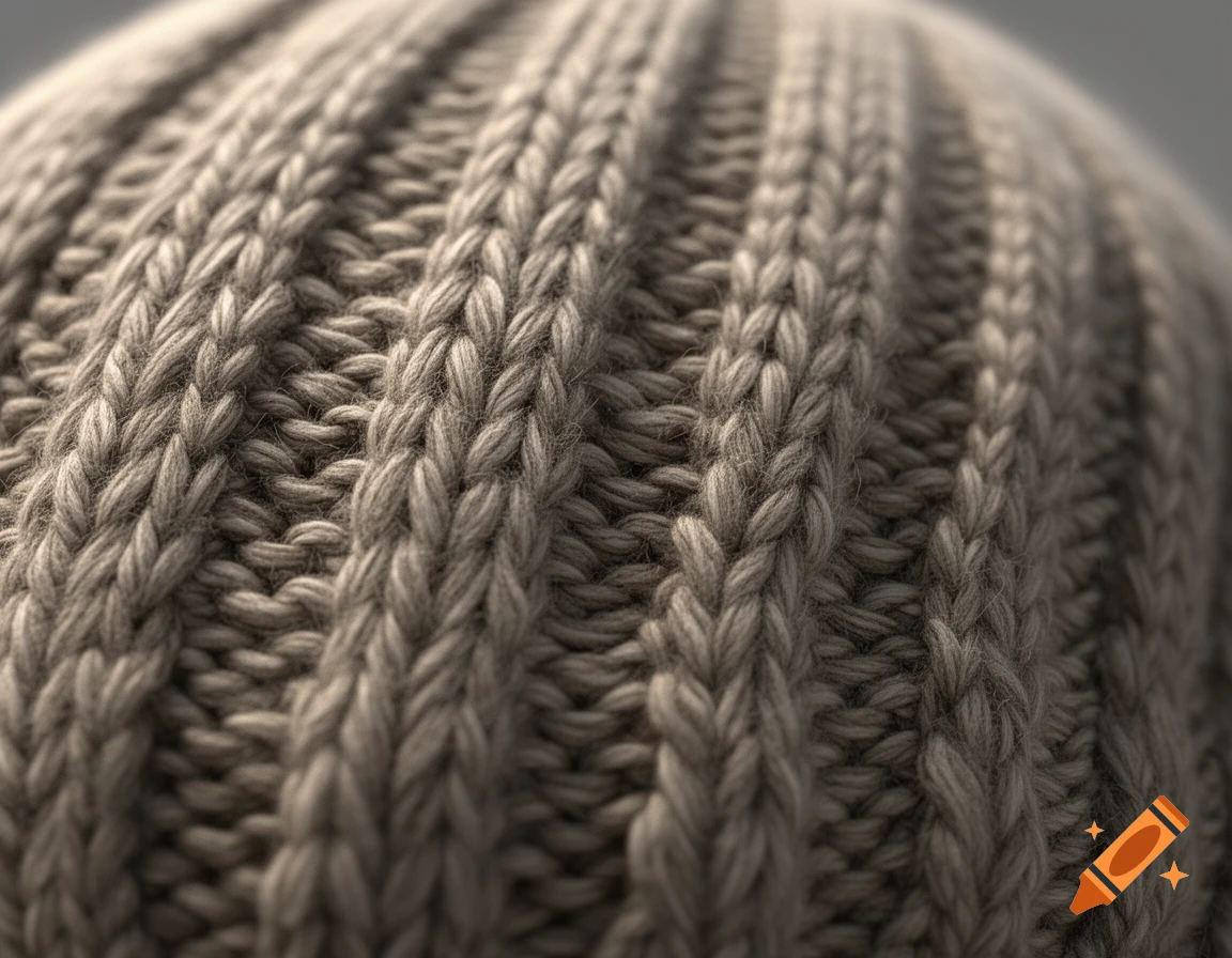 Close-up of a warm, gray knitted fabric texture, resembling a beanie hat.