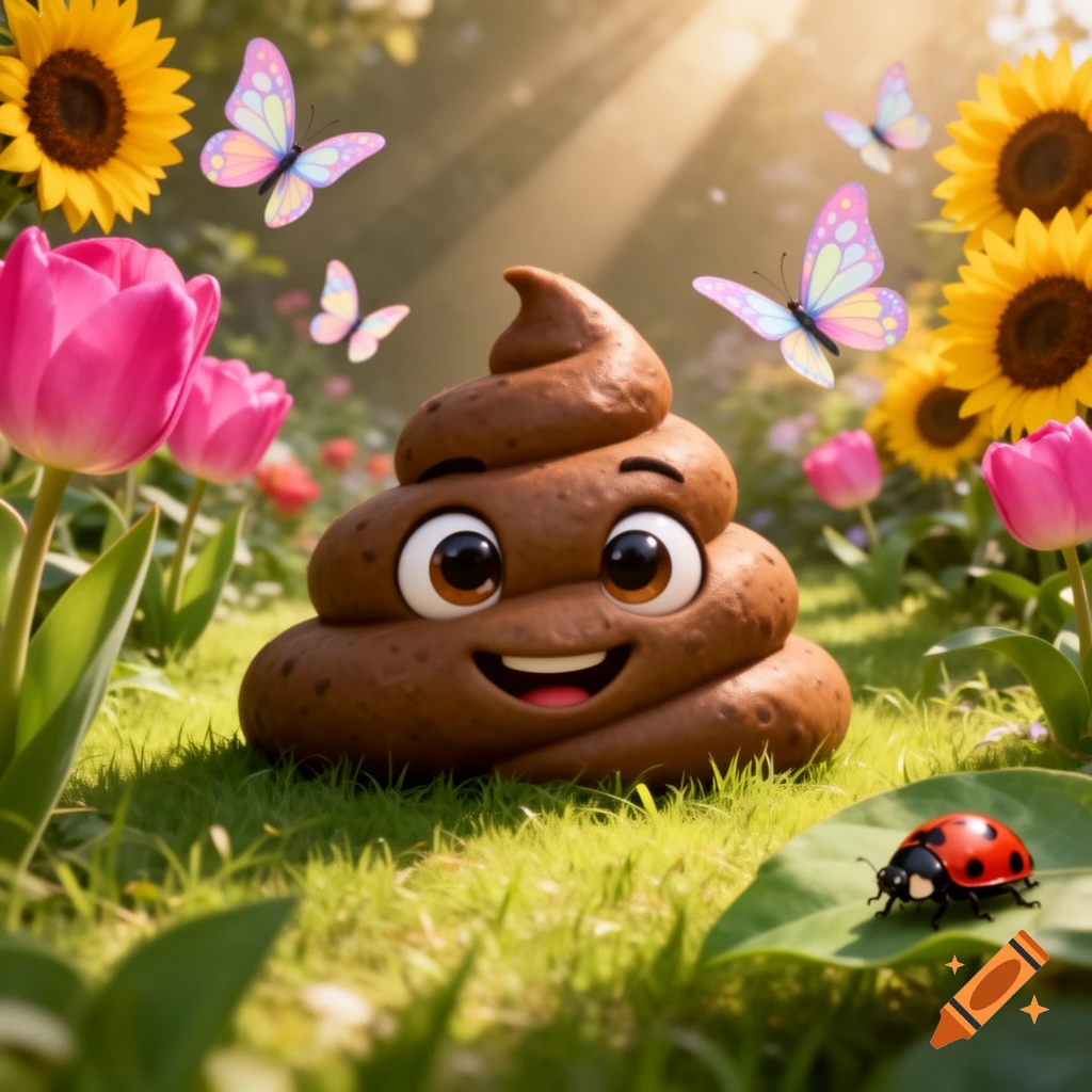 A happy, cartoon poop emoji sits in a vibrant green garden surrounded by pink tulips, yellow sunflowers, colorful butterflies, and a ladybug.