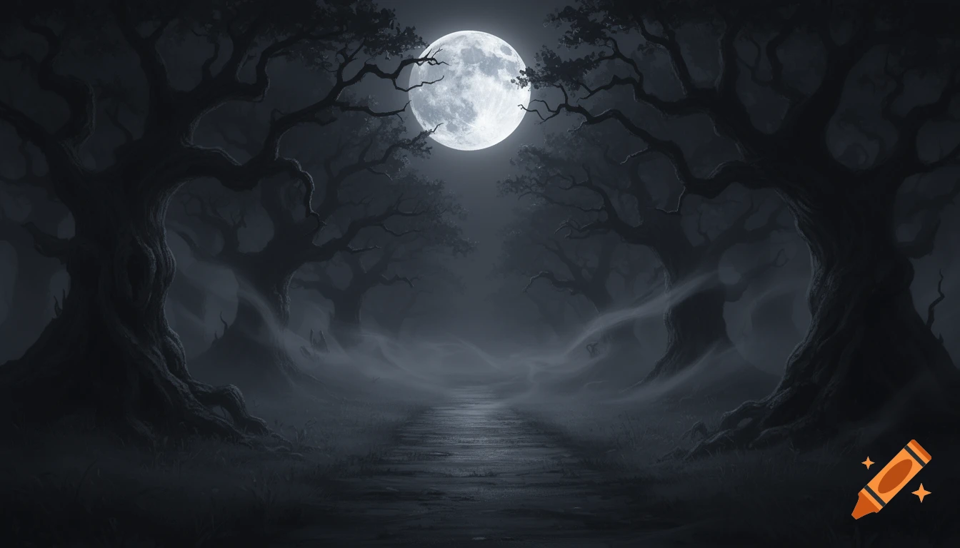 A dark, misty forest path under a bright full moon, with gnarled trees ...