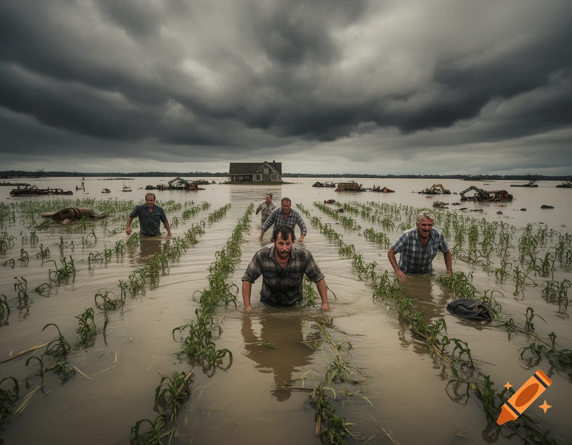 Distressed farmers wade through deep floodwaters in a submerged field, with a house and debris under a dark, stormy sky.