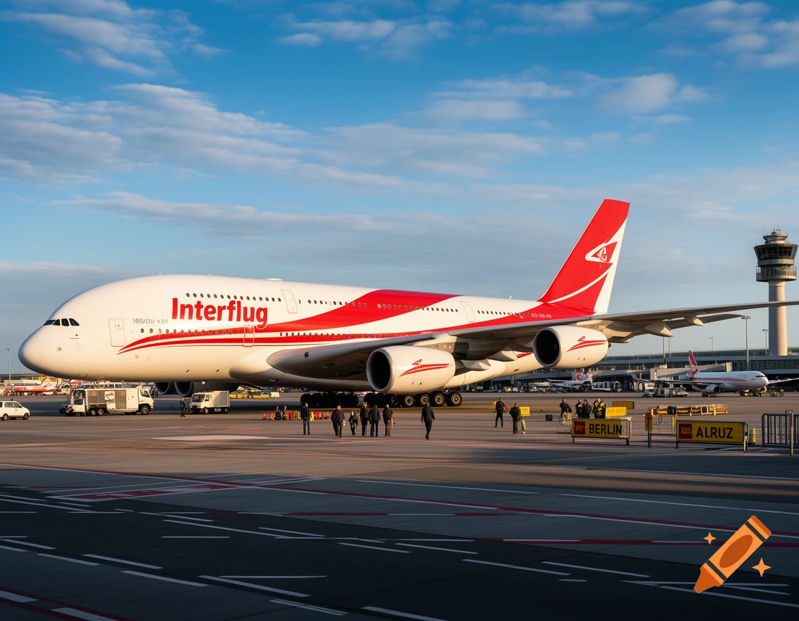 A photorealistic image of a large white and red Interflug Airbus A380 airplane parked on an airport tarmac under a blue sky, with ground crew and a control tower in the background.