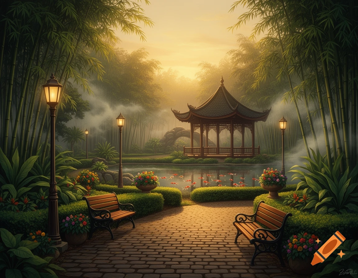 A serene Japanese garden at sunrise with a traditional pagoda, a pond with koi fish, benches, and tall bamboo, bathed in golden mist.