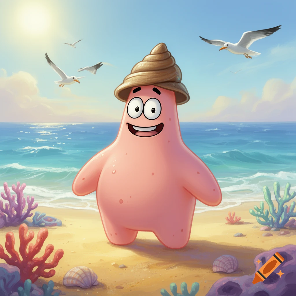 Patrick Kathusing Shell Patrick Star wearing a shell hat on a sunny beach with seagulls flying ...