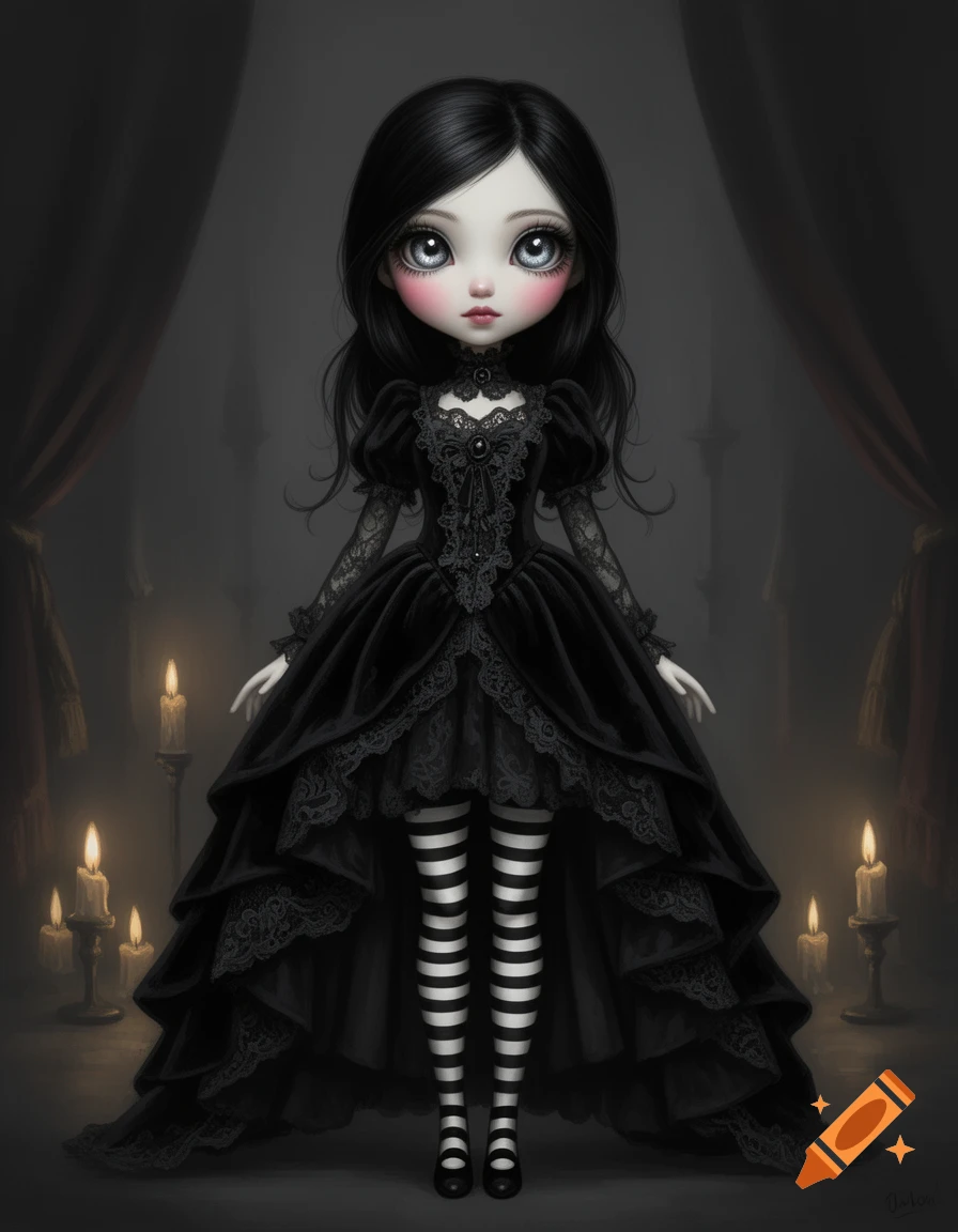 A stylized doll with black hair, large eyes, a black gothic dress, and black-and-white striped stockings stands in a dark room with lit candles.