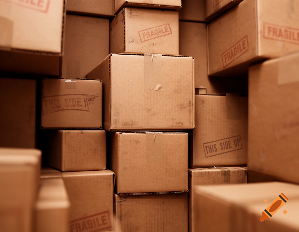 Close-up of a tall stack of brown cardboard boxes, some marked 'FRAGILE' and 'THIS SIDE UP'.