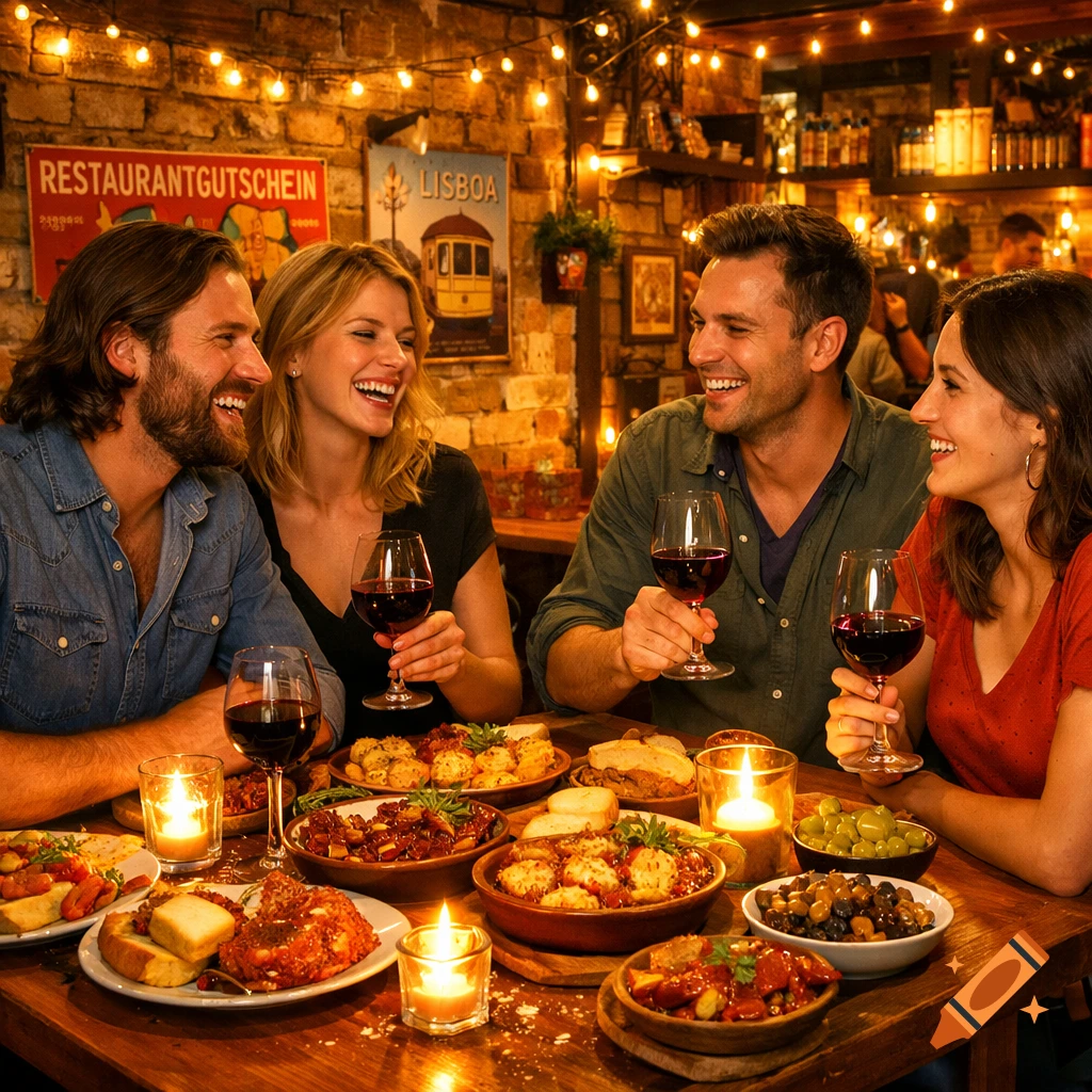 Four friends laugh and toast with red wine at a cozy tapas bar, a table laden with various dishes and lit by candles and string lights.