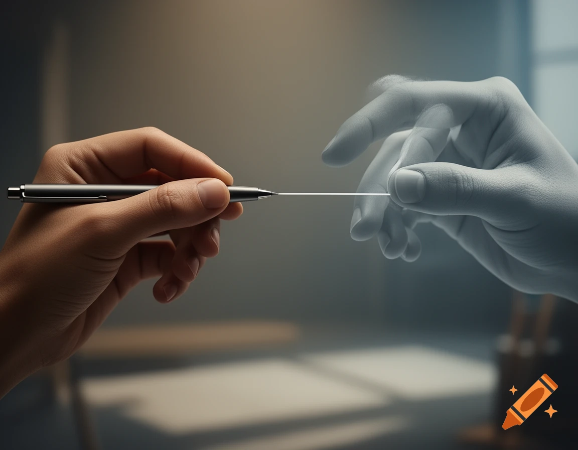 A realistic hand holds a mechanical pencil, drawing a white line towards a ghostly, desaturated hand appearing to erase it, on a blurred background.