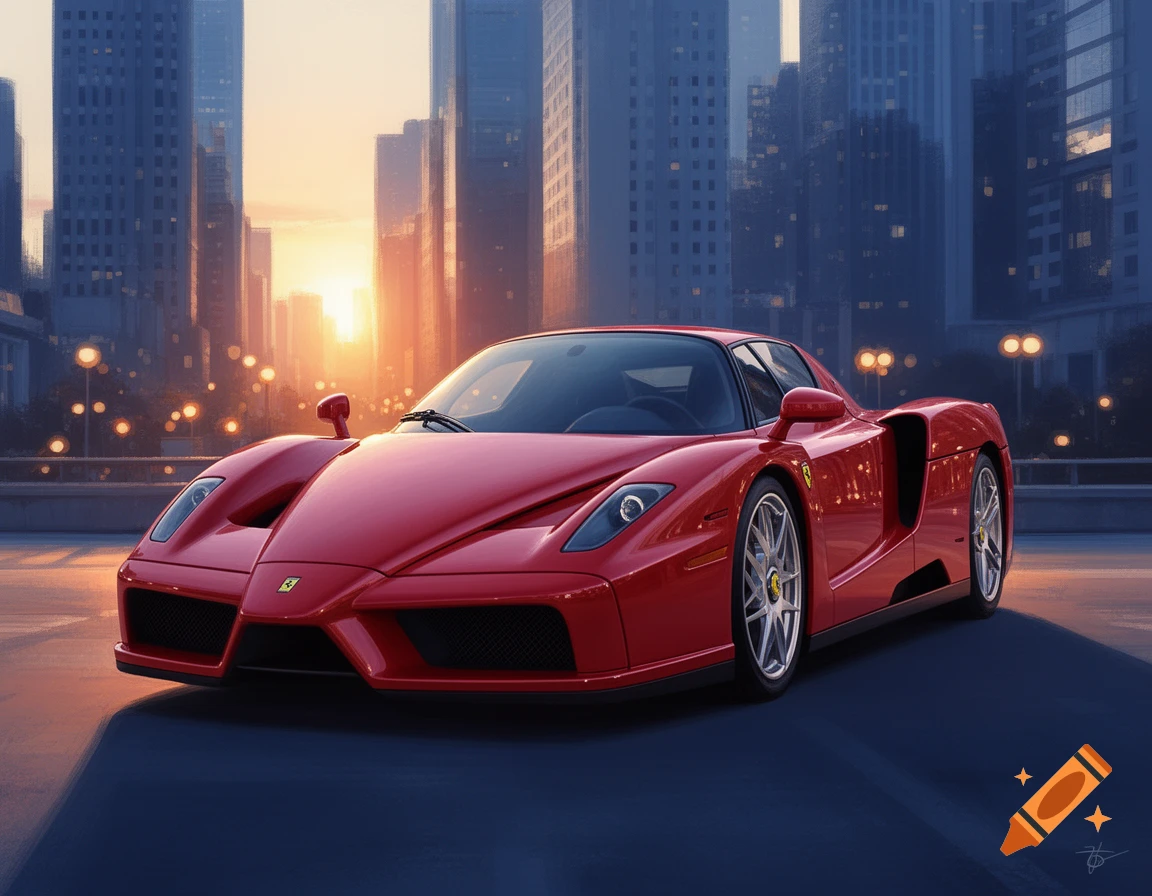 A red Ferrari Enzo sports car is parked in a city street at sunset, with tall buildings in the background.