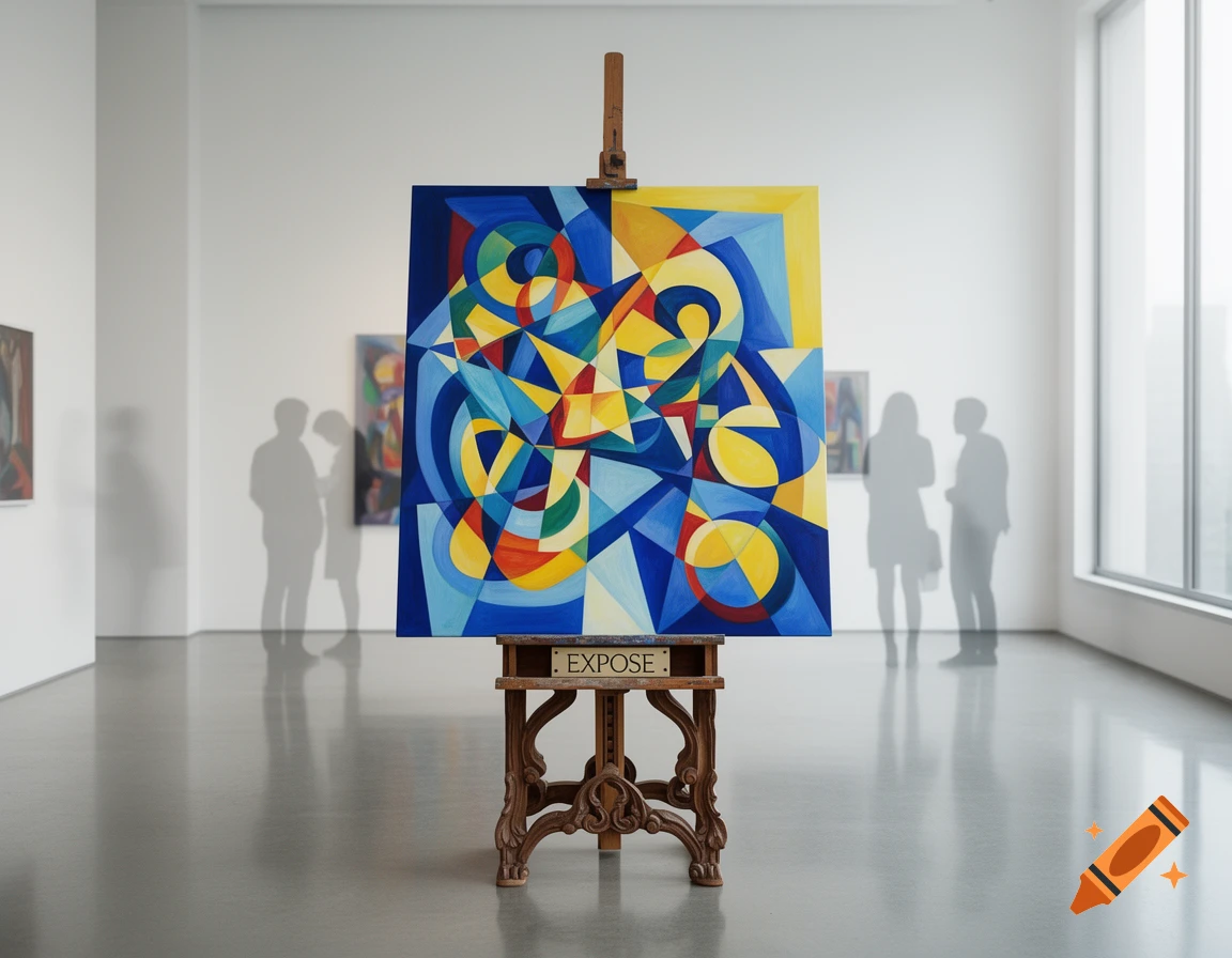 A colorful cubist abstract painting on a decorative wooden easel in a bright art gallery with people in the background.