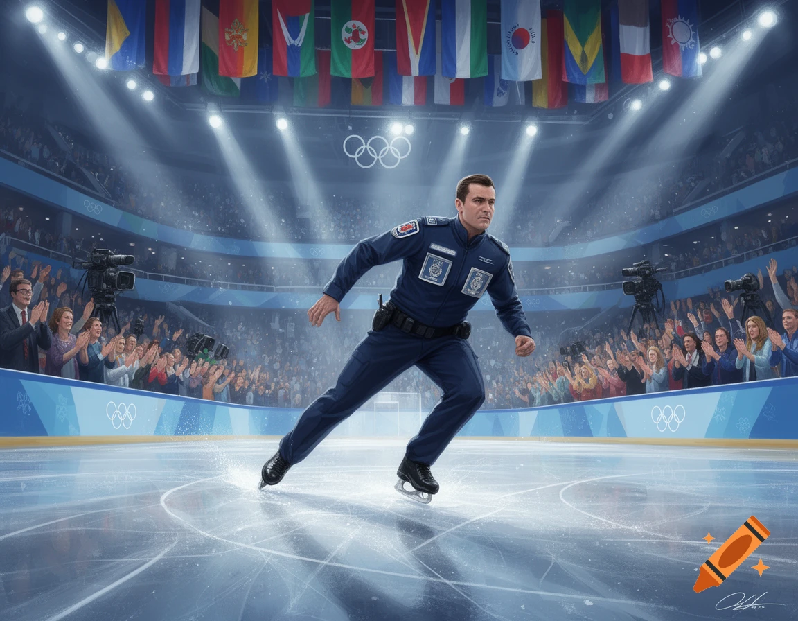 A man in a blue uniform and ice skates glides across an ice rink in a brightly lit Olympic arena with a cheering crowd and national flags overhead.