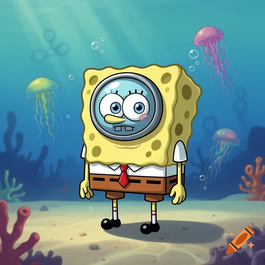 A cartoon SpongeBob SquarePants character with a glass dome face and red tie stands underwater among jellyfish and coral.