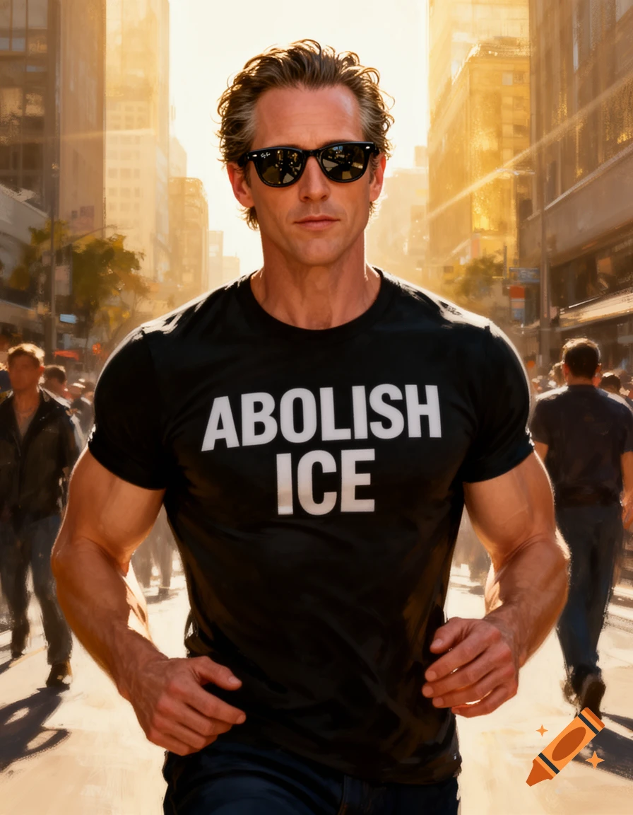 Photorealistic image of a muscular man in black sunglasses and an 'ABOLISH ICE' t-shirt walking on a sunny city street.