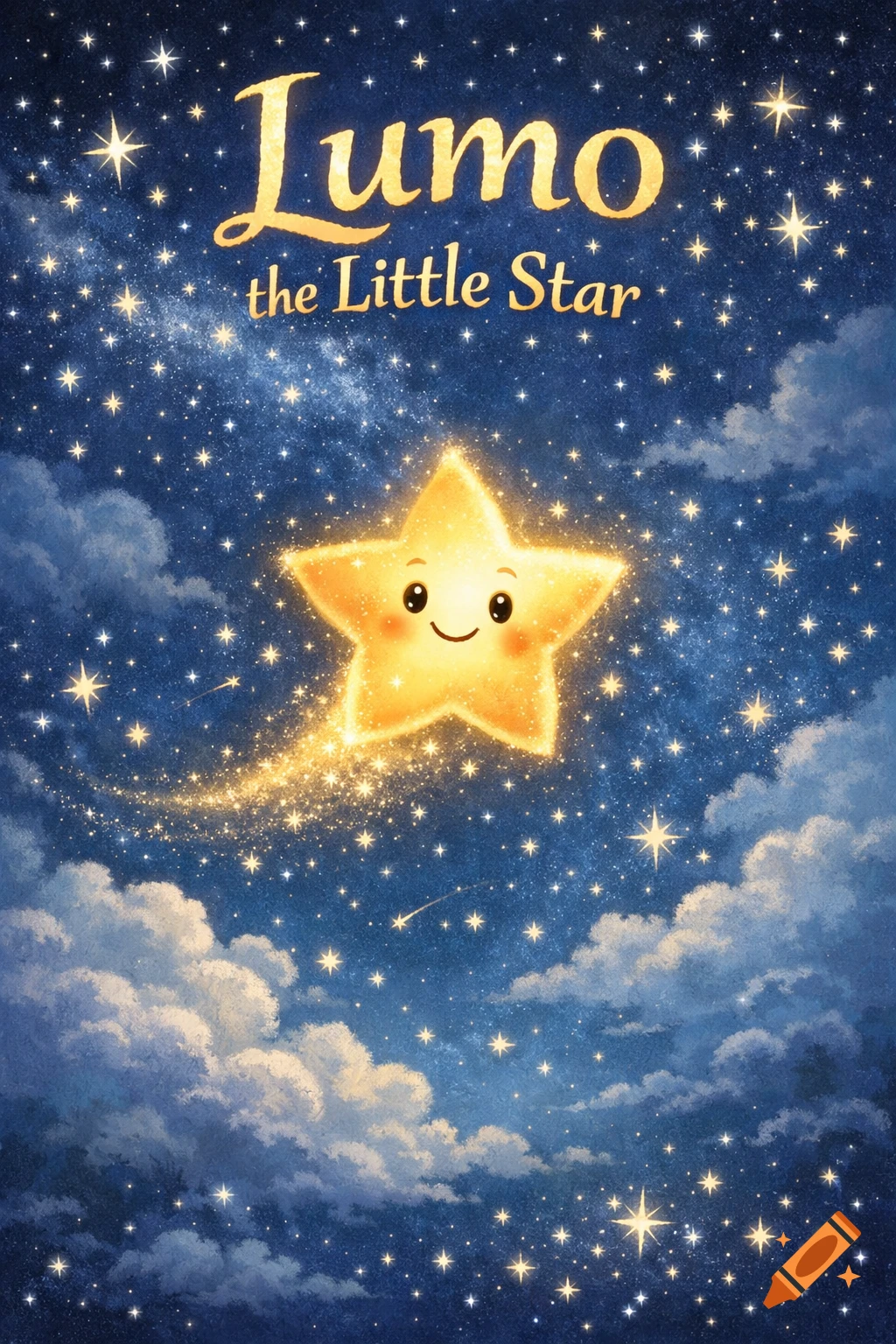 Cute golden star 'Lumo' smiling and trailing glitter across a dark blue starry night sky with clouds, book cover illustration.