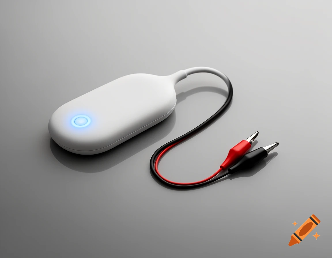 A minimalist white electronic device with a glowing blue light, connected to red and black alligator clip wires, on a gray surface.