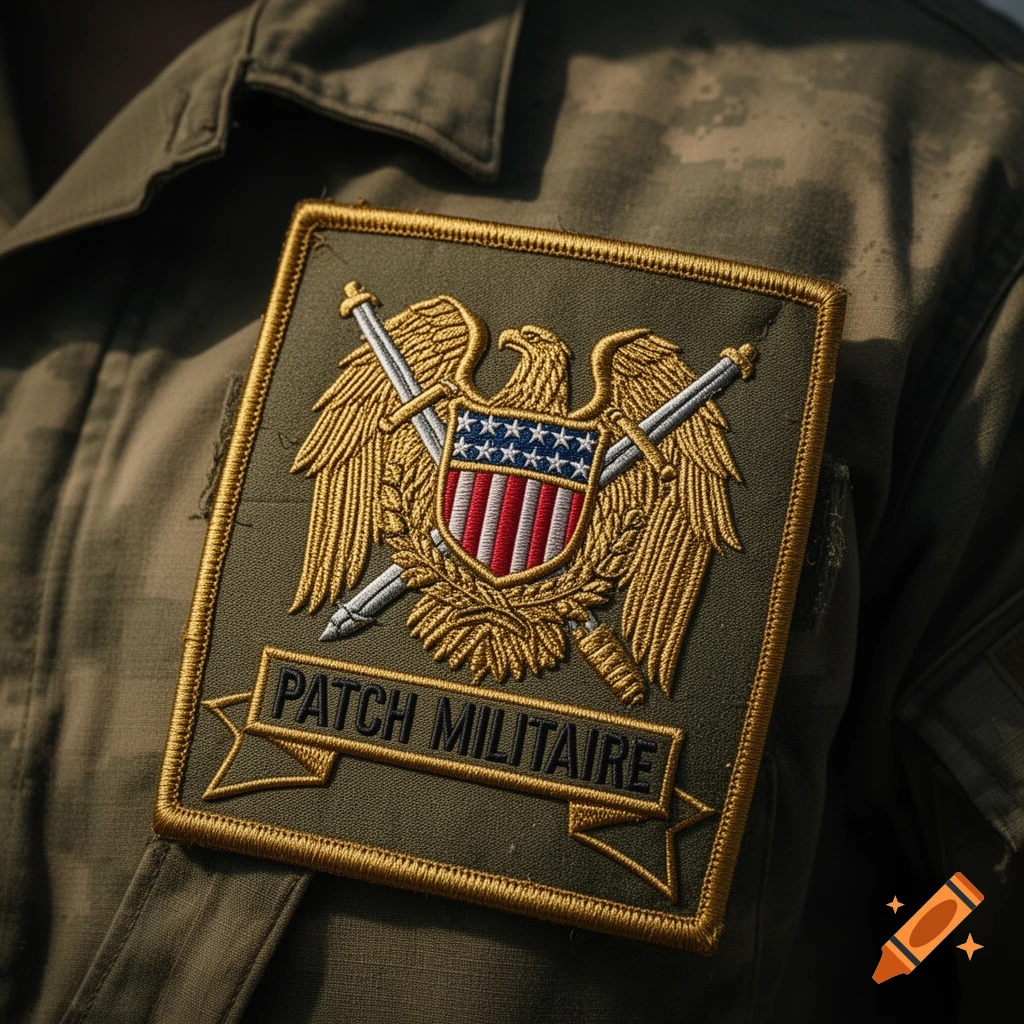 Close-up of an embroidered military patch with a gold eagle, crossed swords, and an American flag shield, on a green camouflage uniform. The patch reads "PATCH MILITAIRE".