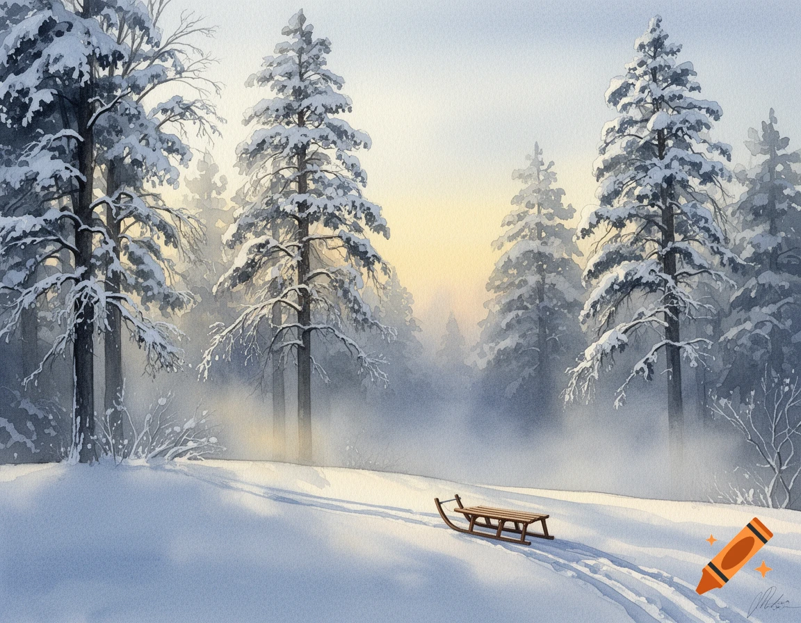 A serene watercolor painting of a snowy winter forest with tall snow ...