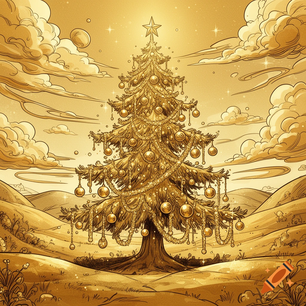 A richly decorated golden Christmas tree in a stylized gold-tone comic landscape with rolling hills and clouds.