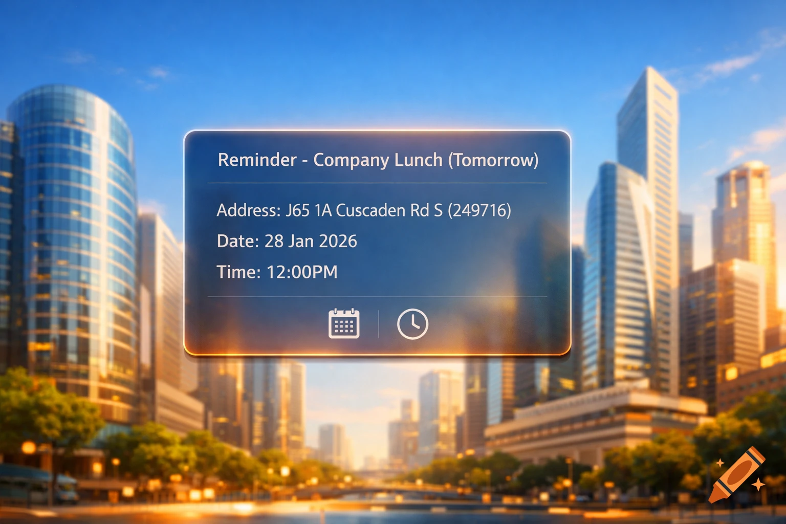 A digital reminder for a company lunch on January 28, 2026, 12:00 PM, floats above a blurred city skyline with tall buildings at sunset.