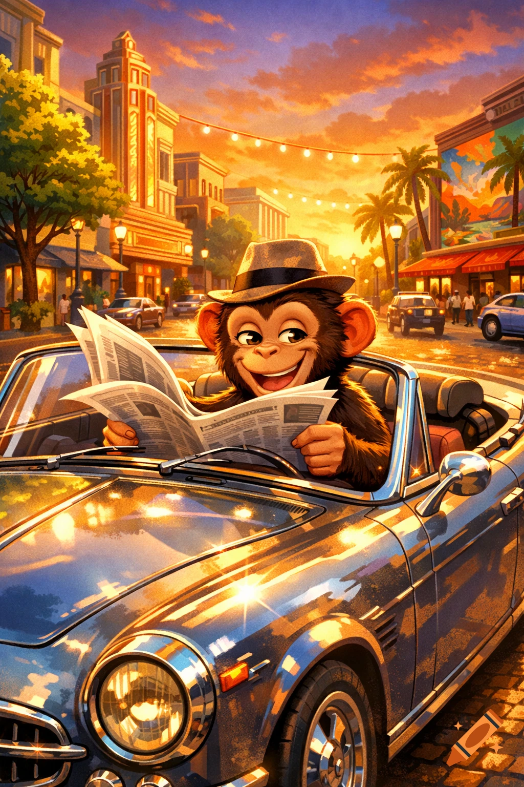 A smiling cartoon monkey wearing a fedora drives a shiny blue convertible through a city street at sunset, reading a newspaper.