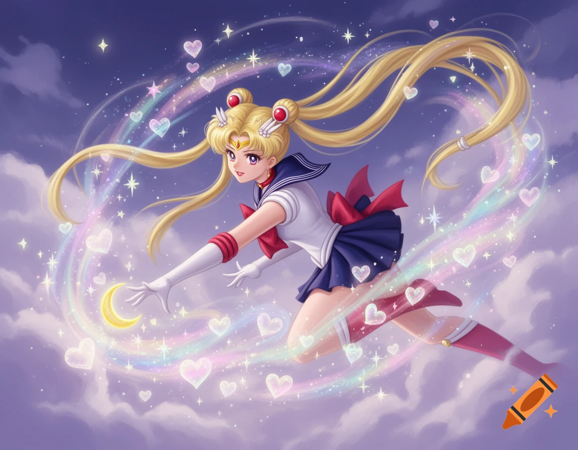 Sailor Moon flying gracefully in a magical, starry sky with a rainbow, hearts, and a crescent moon.