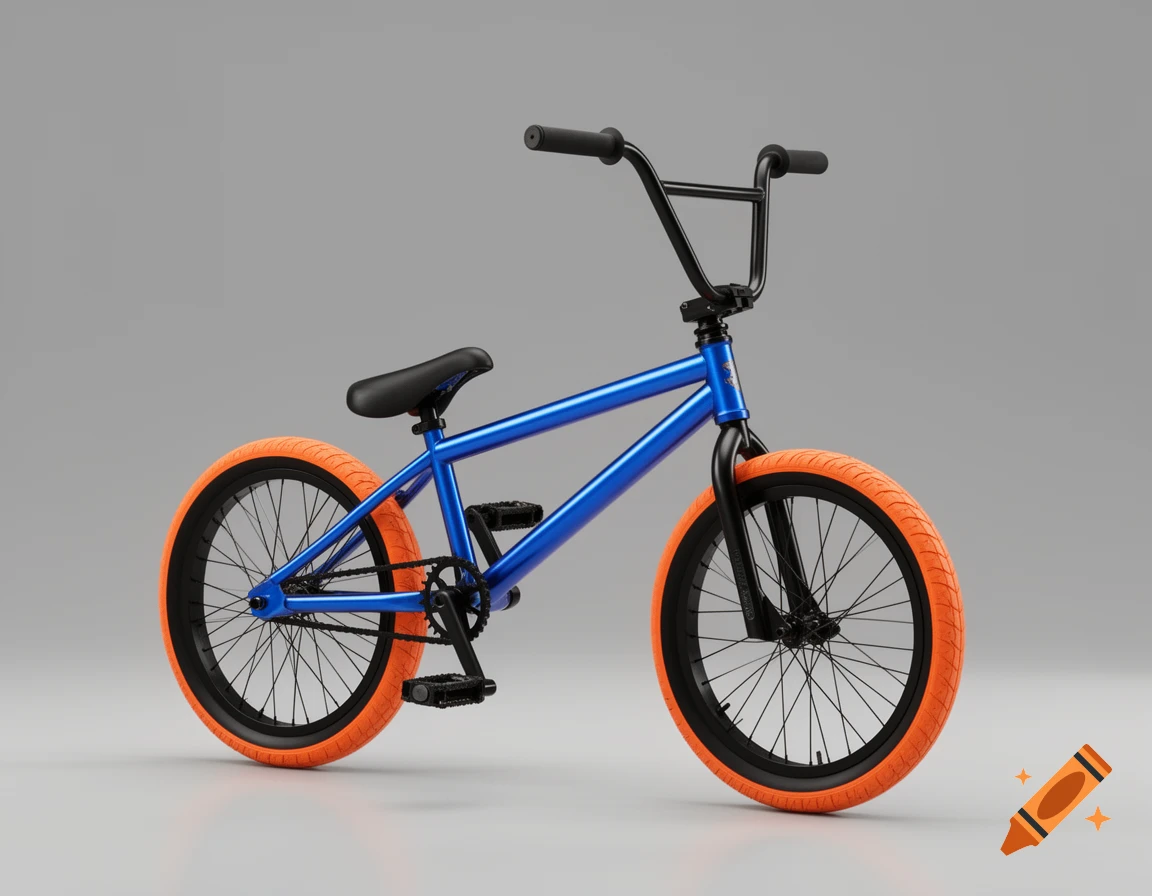A blue BMX bike with black handlebars, crank, pedals, and bright orange tires with black rims, on a grey background.