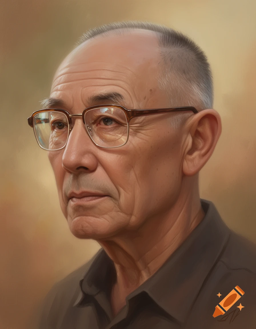 A photorealistic painting of an older man with glasses and short, grey hair, looking to the left.