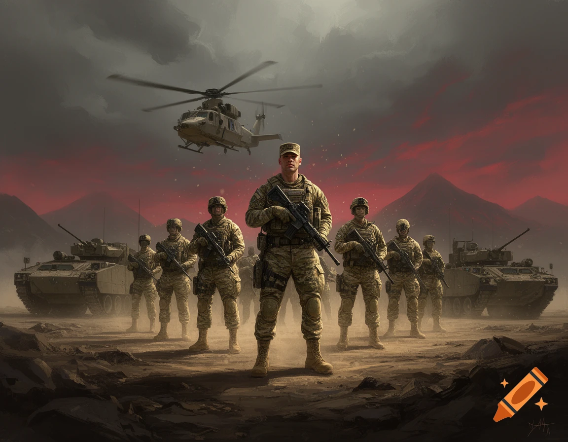 Photorealistic image of soldiers in camouflage, armed with rifles, standing with tanks and a helicopter under a dramatic red and grey sky.