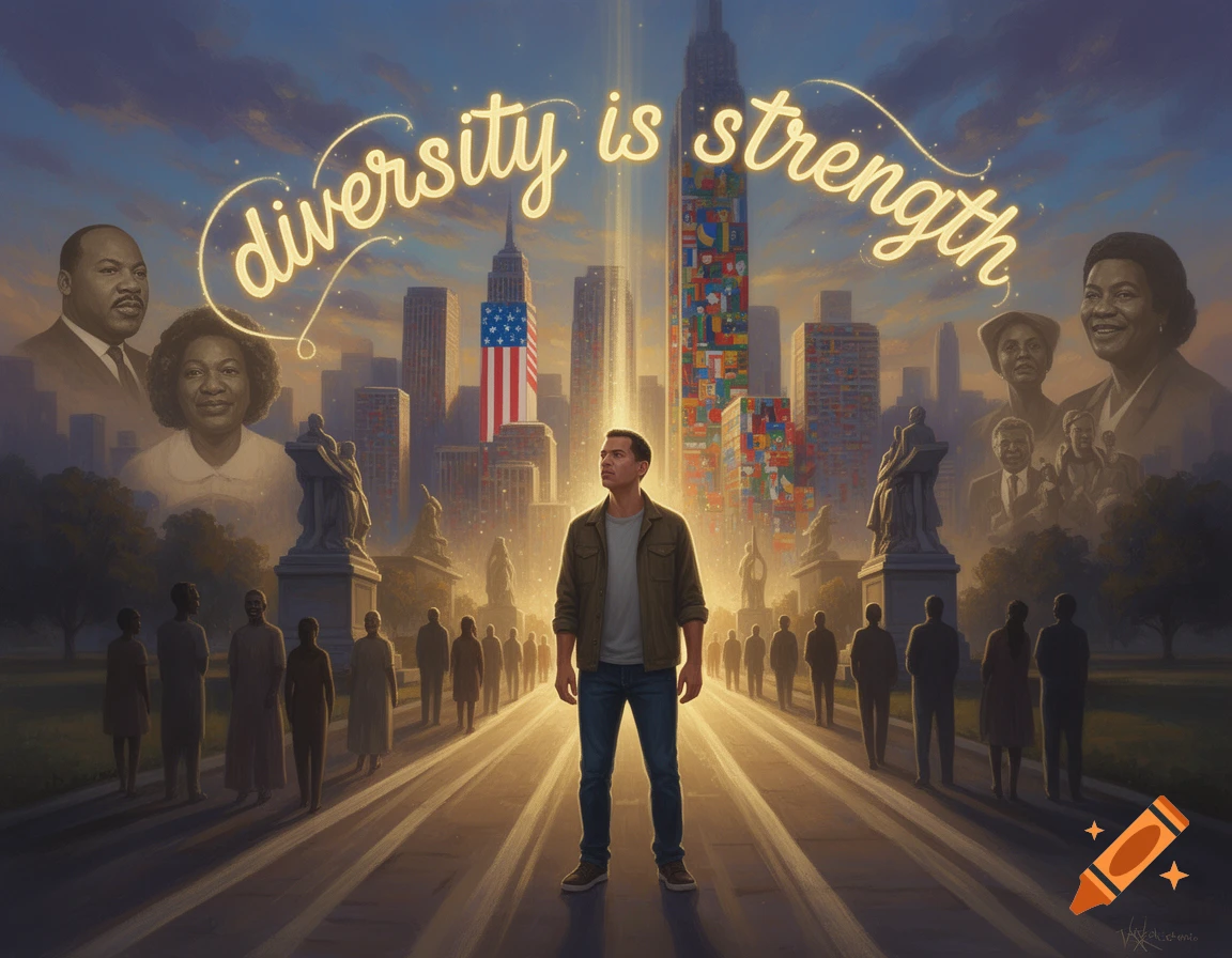 A man on a path in a city with historical figures, diverse people, and 'diversity is strength' text in the sky.