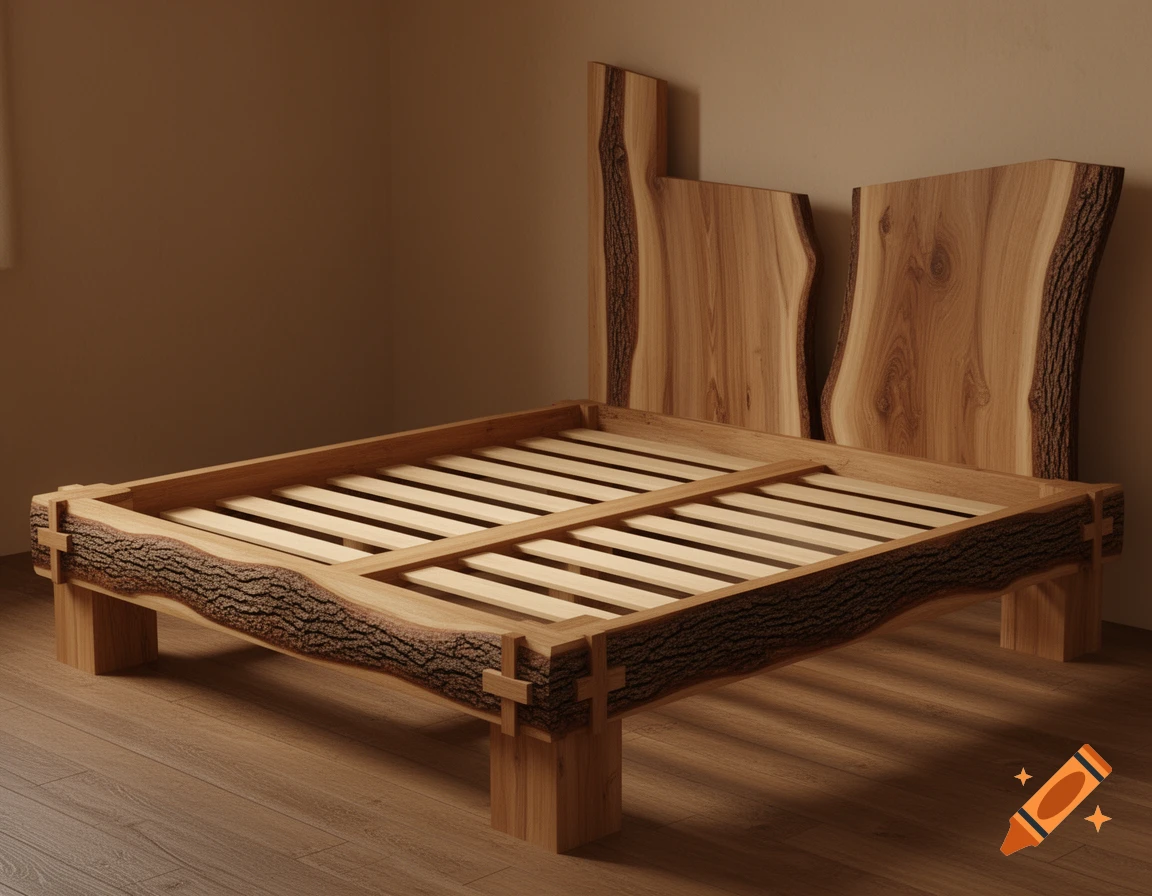 A rustic wooden bed frame with live-edge bark details on the side rails and headboard stands on a wooden floor.