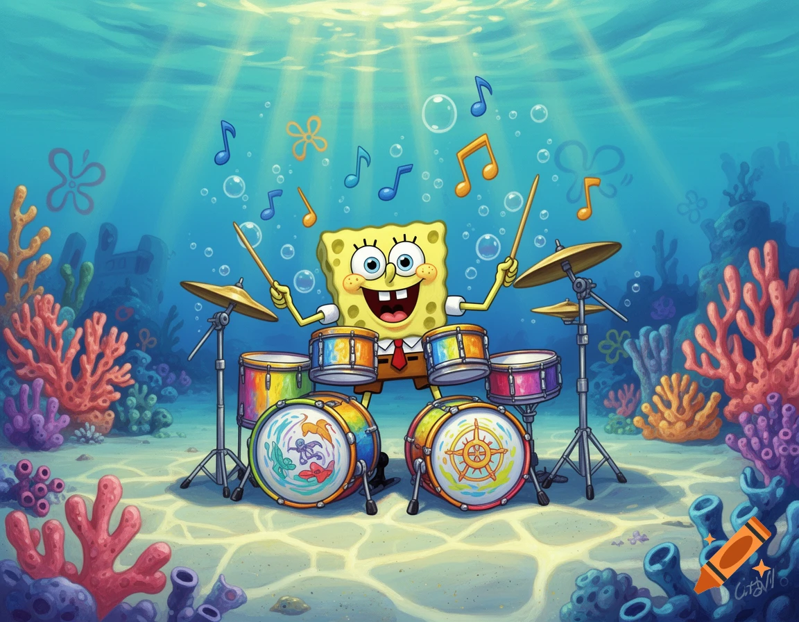 SpongeBob Squarepants joyfully plays a colorful drum set underwater amidst coral and bubbles.