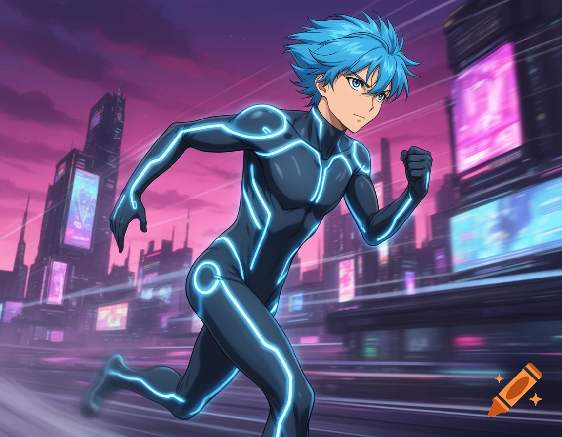 Anime character with blue hair in a dark, glowing blue suit running through a futuristic city at sunset.